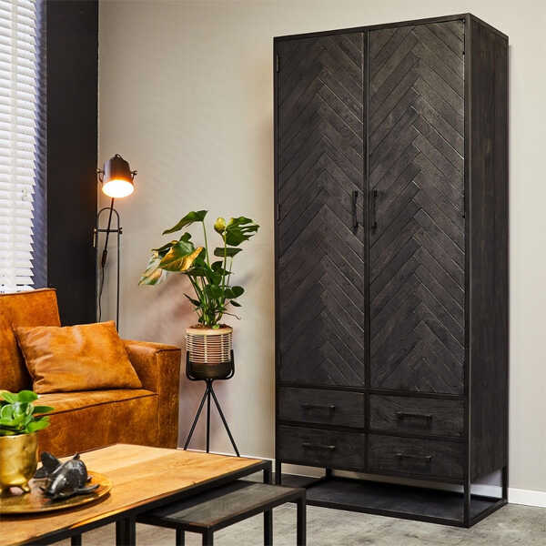 Kabinet Jerry 90cm - Visgraat Zwart Mangohout - Afbeelding 2